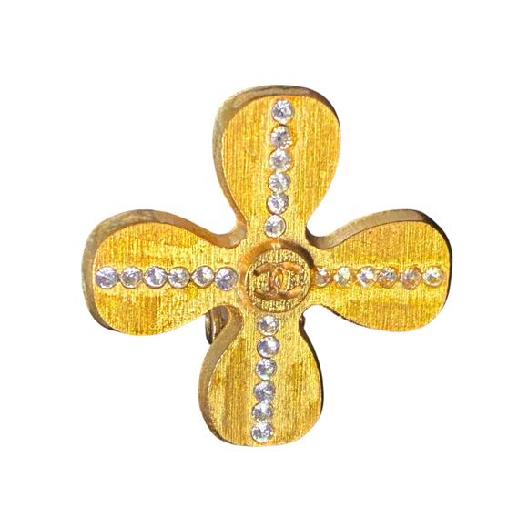 Chanel Gold Plated Clover Clip on Earrings Crystal accents vintage - Picture 10 of 10